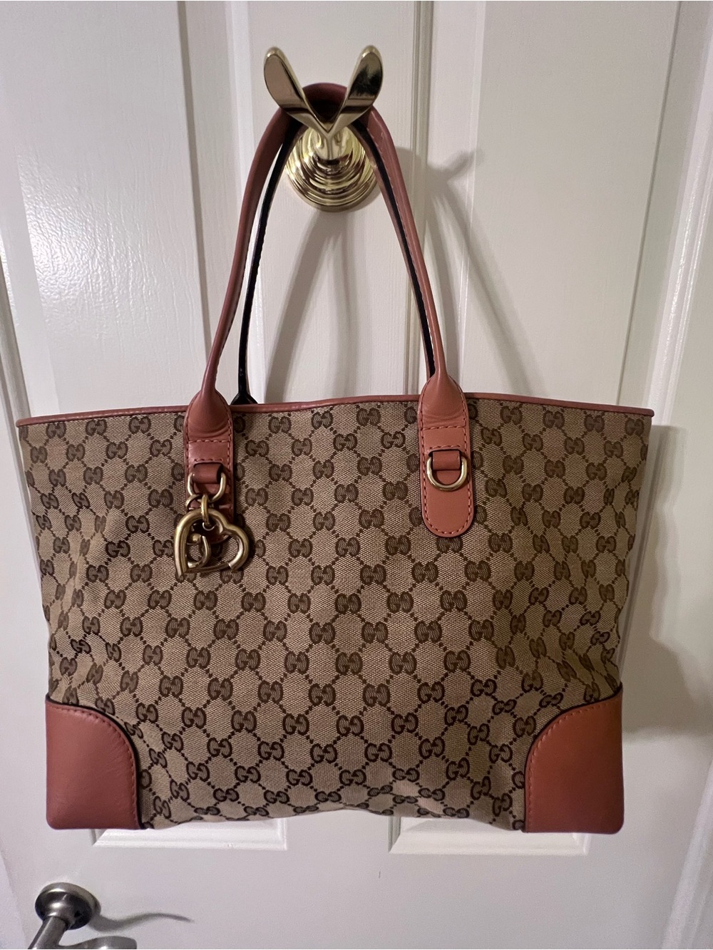 Gucci Brown Monogram Canvas Tote with Peach Leather Trim